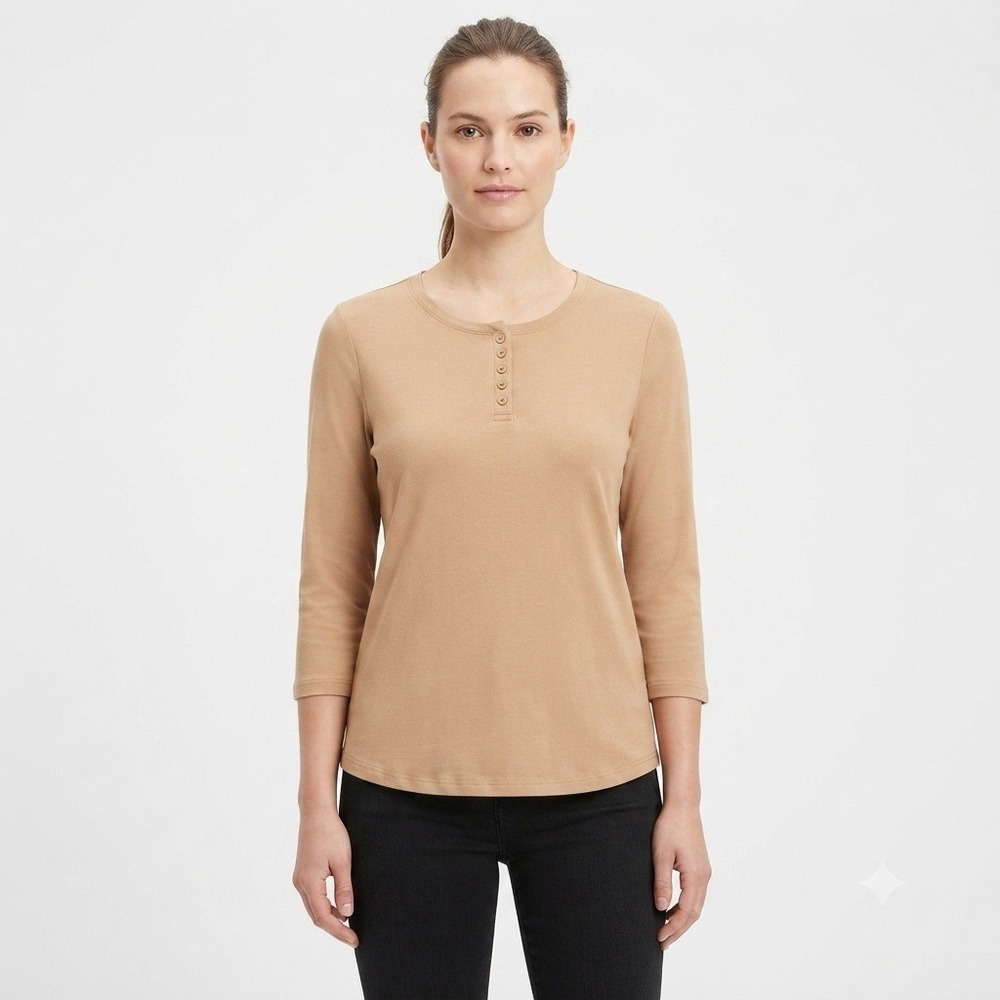 Shirt Womens XL Henley Top Tan Beige 3/4 Sleeve Ribbed Rayon Cotton Blend